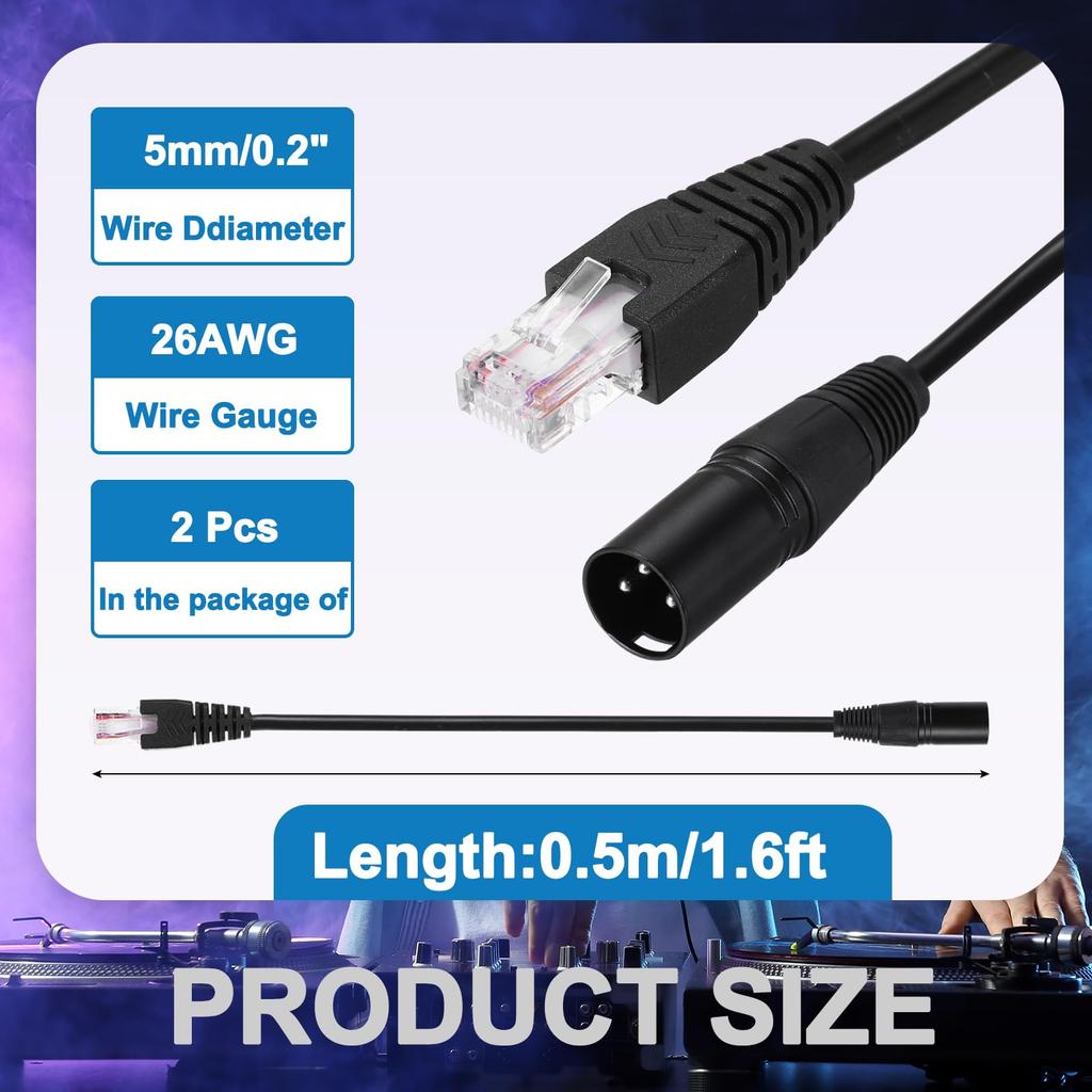 uxcell 3-Pin DMX512 XLR Female to RJ45 Female Adapter Cable, 2-Piece 1.6ft Microphone Extension Cable for Stage Studio Console Lighting