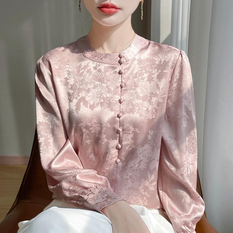 Women's Spring and Summer New New Chinese Stand-up Collar Shirt Loose Versatile Long-sleeved Pullover Solid Colour Simple Casual Shirt