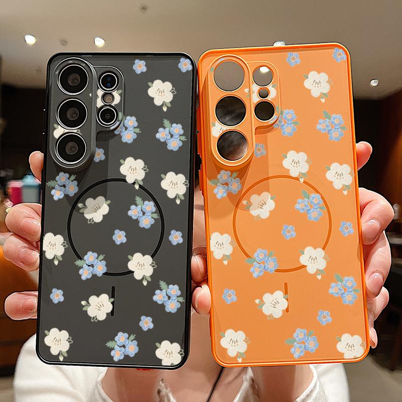 Magnetic For Magsafe Case For Samsung Galaxy S26 Ultra S25 Edge S24 Plus S23 FE S22 A54 A55 A56 5G Blue Flowers Pattern Matte Cover