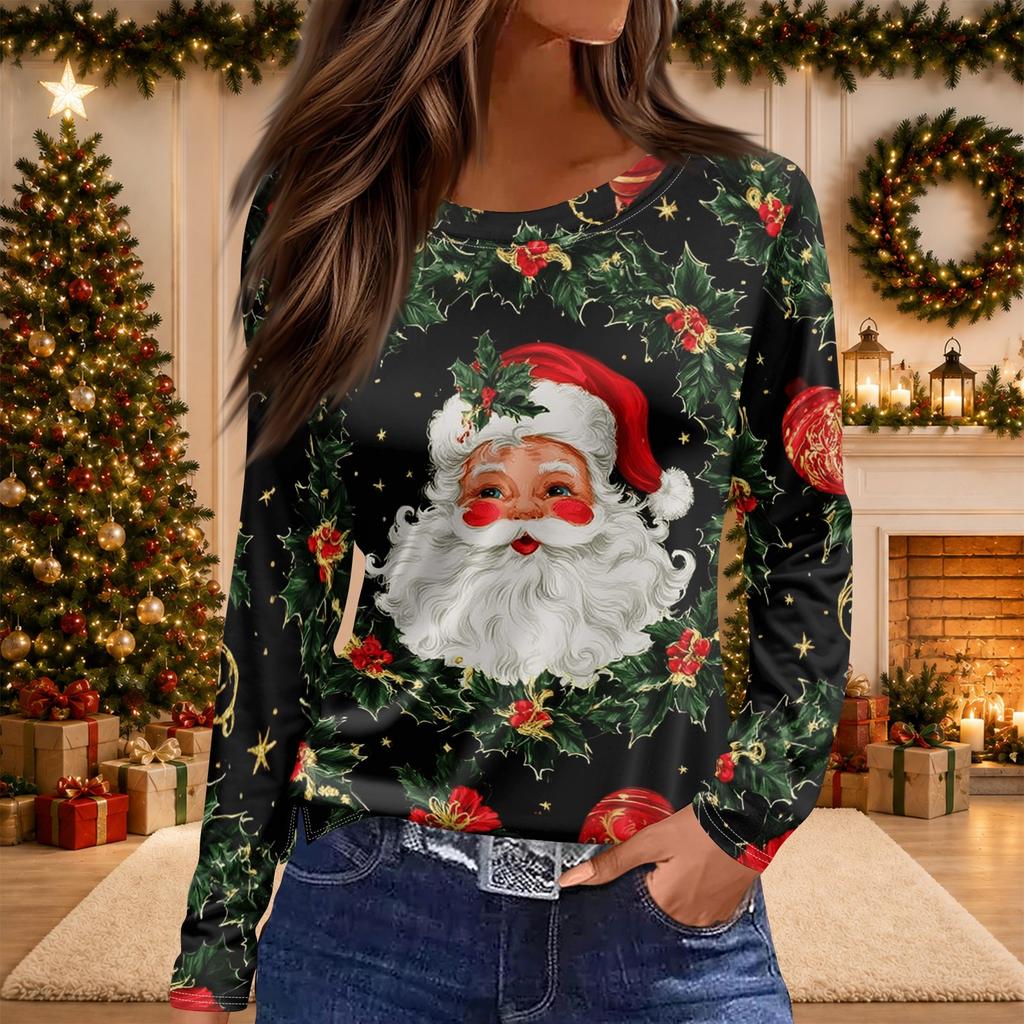 Women's Christmas Print Long Sleeve Top with Round Neck and Side Slit Hem Festive Holiday Blouse