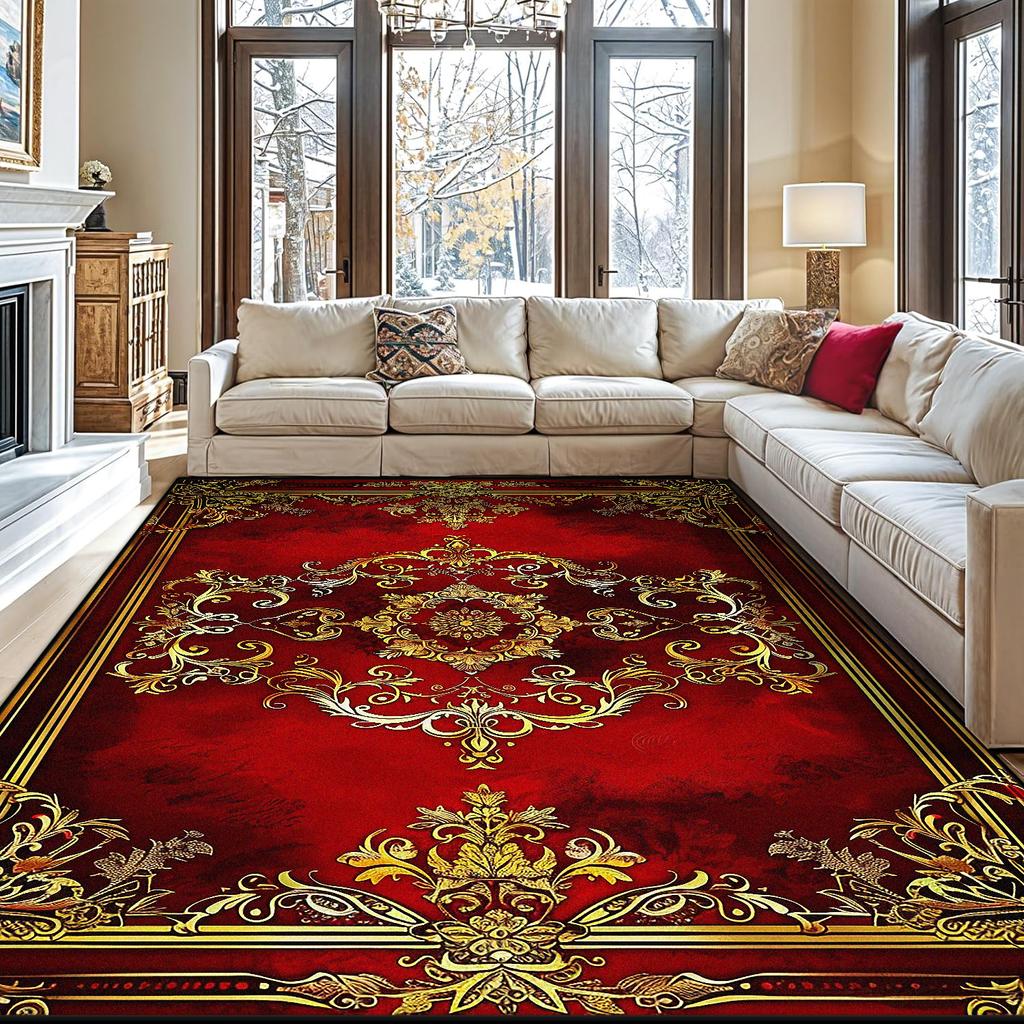European Red Golden Large Area Rugs Living Room Decoration Home Sofa Area Carpet Gorgeous Bedroom Non-slip Floor Mat Washable