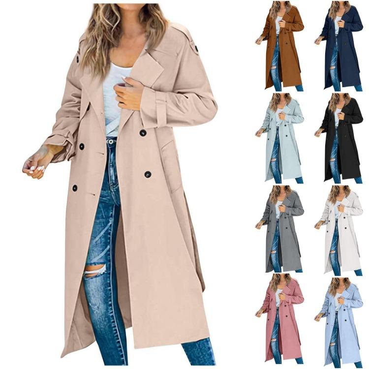 Elegant Women Solid Color Long Trench Coat Casual Winter Autumn Jacket Temperament Style