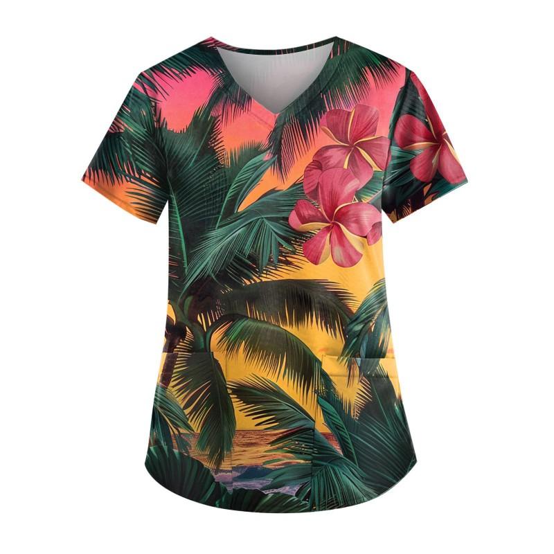 V-Neck Short Sleeve Nursing Scrub Top Women Fashionable Casual Workwear With 3D Print Design Slim Fit 2025 Collection