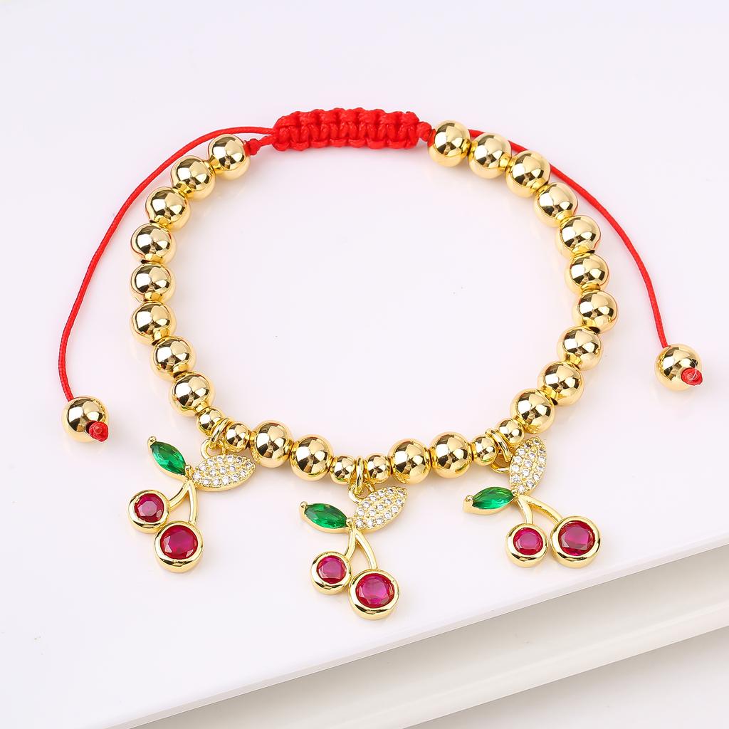 Hot Sale Cute Cherry Strawberry Pendant Copper Bead Chain Bracelet High Quality Crystal Zirconia Fruit Jewelry For Daily Wear