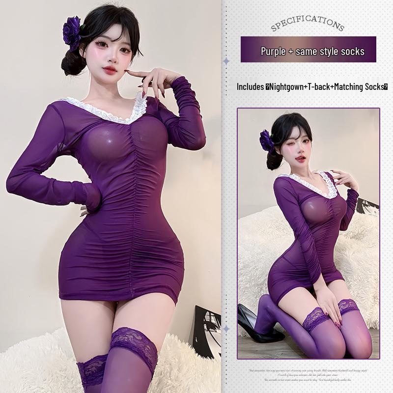 Seductive Lace Trim Bodycon Nightgown Set - Deep V, See-Through, Removable Temptation Style