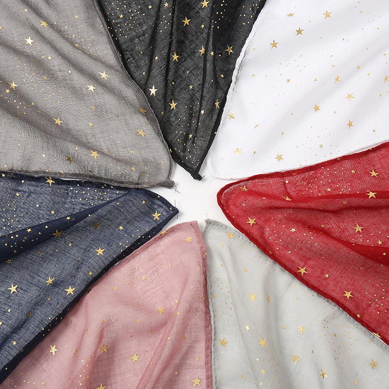 Stamping Stars Hijab Shawl Women Thin Breathe Soft Cotton Scarf Golden Shiny Luxury Designers Scarf Muslim Fashion Wraps
