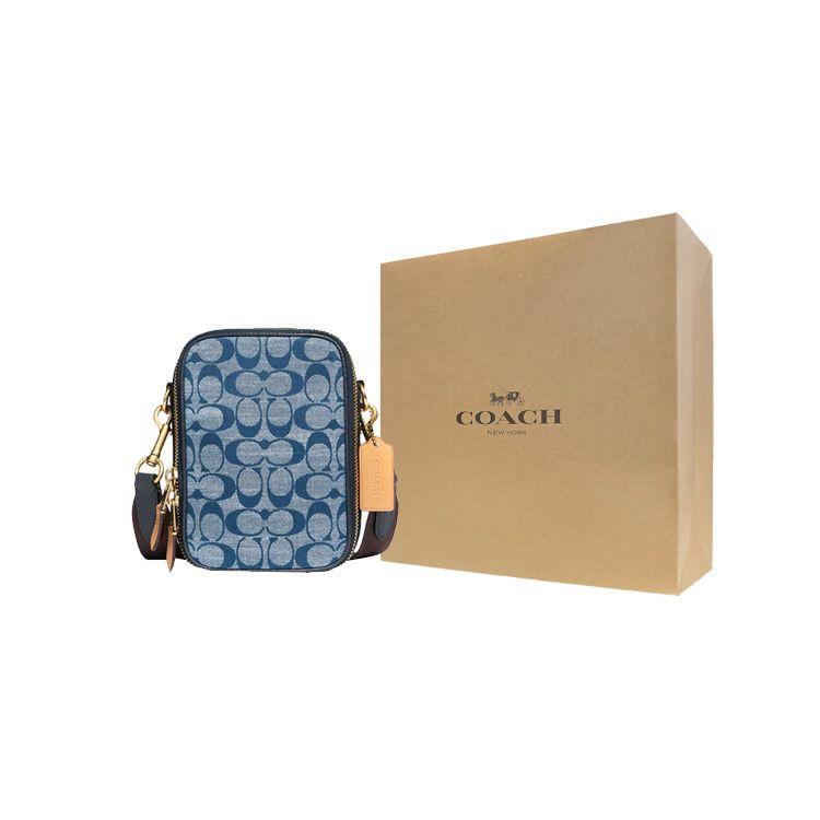 Coach Stanton 13 Floral Print Color Block Zipper Canvas And Leather Crossbody Bag Mini Men bags Brass Denim-Blue C8235-B4EI