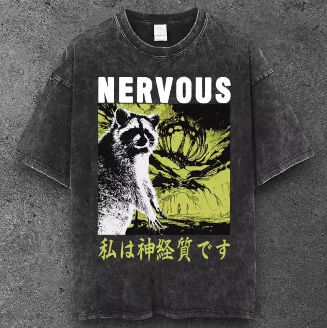 Mens Raccoon Graphic Oversized T Shirt Washed Black Y2K Grunge S-2XL S