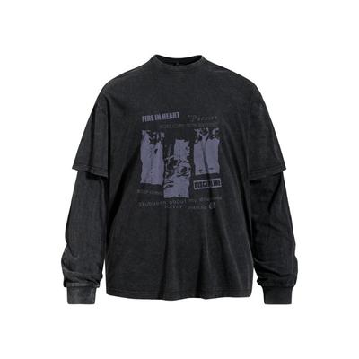 Mens Vintage Washed Fake Two-Piece Long Sleeve Tee Abstract Human Print Loose Fit Casual Streetwear Fall