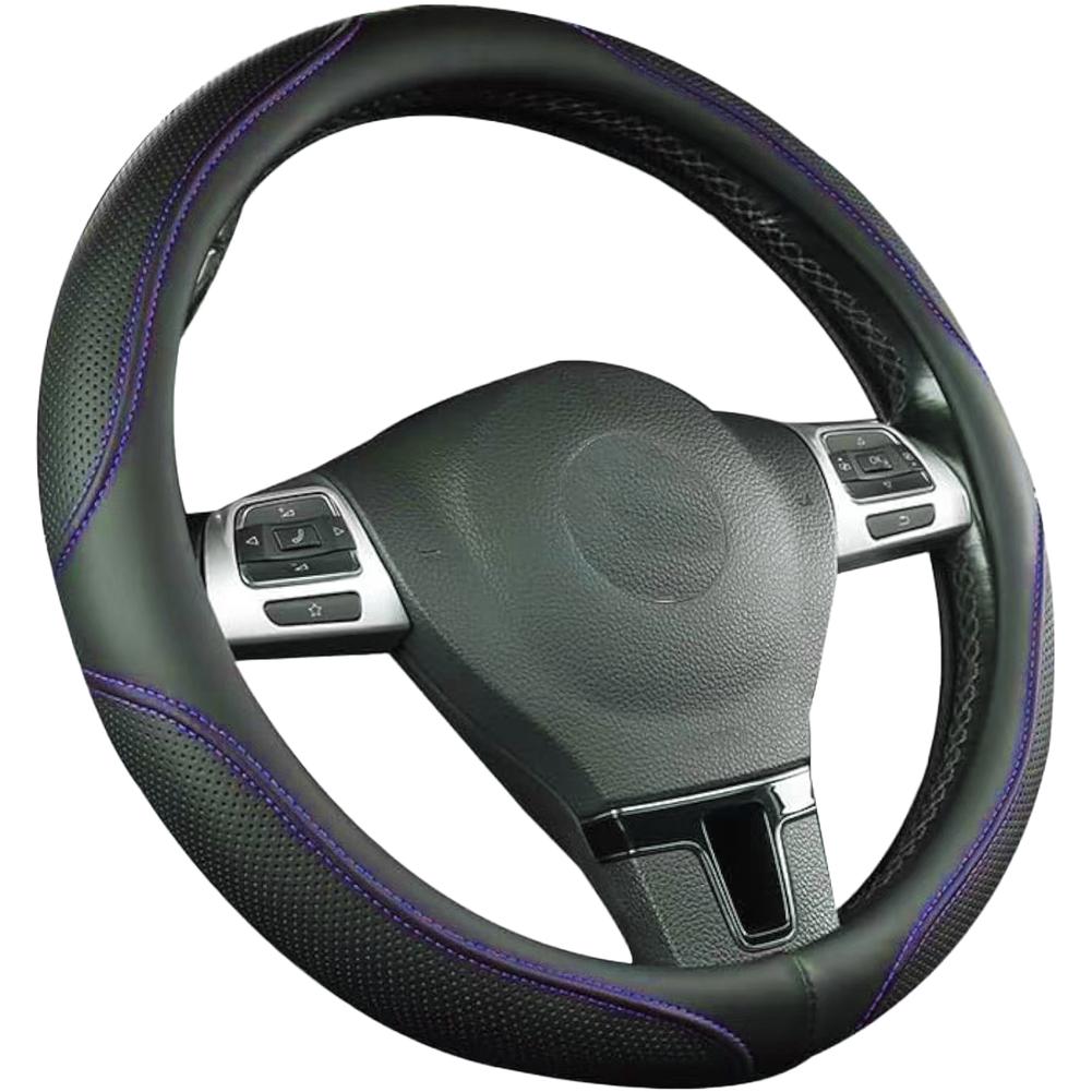 Car Steering Wheel Cover 38cm All Season Synthetic Leather Non Slip Grip Fit blue line