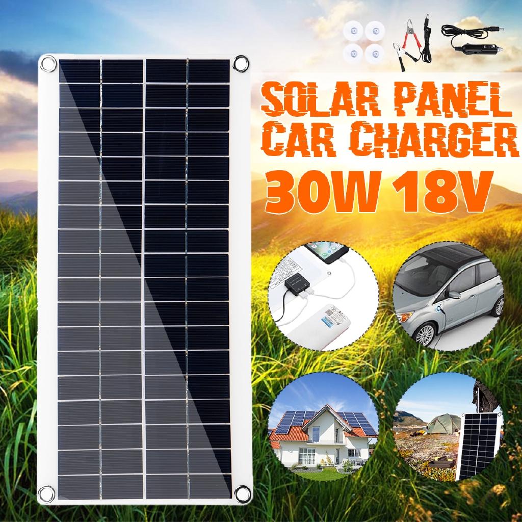 18V Solar Panel Double USB Power Bank Board External Battery Charging Solar Cell Board Crocodile Clips Car Charger 30W