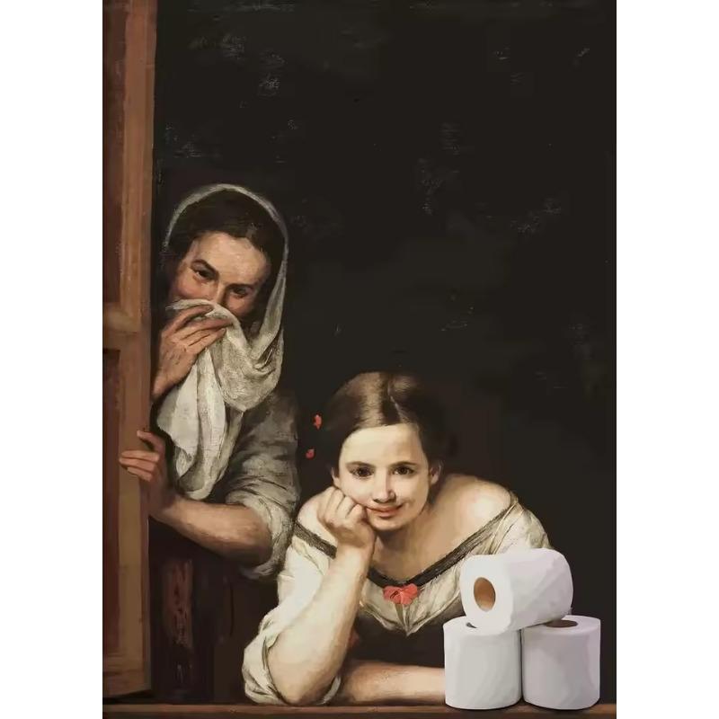 Funny Bathroom Toilet Canvas Painting Mona Lisa Wearing Pearls Girl with Roll Paper Canvas Poster and Prints Posters Home Decor