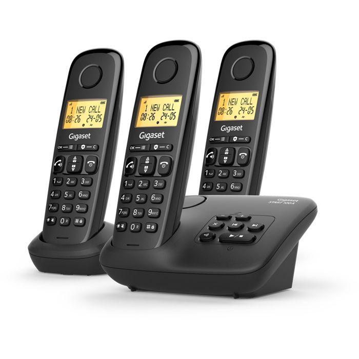 Landline Phone - GIGASET - Basic 100A TRIO - Answering Machine - Hands-free - Backlit Screen - 50-contact Phonebook - Blocking - Black