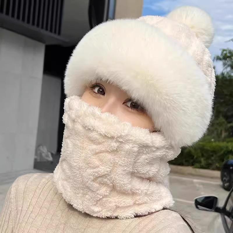 Thickened One Piece Hat for Women Winter Fur Ball Twist Neck Scarf Hat  One Piece Cycling Warm and Windproof High Quality Plush Hat