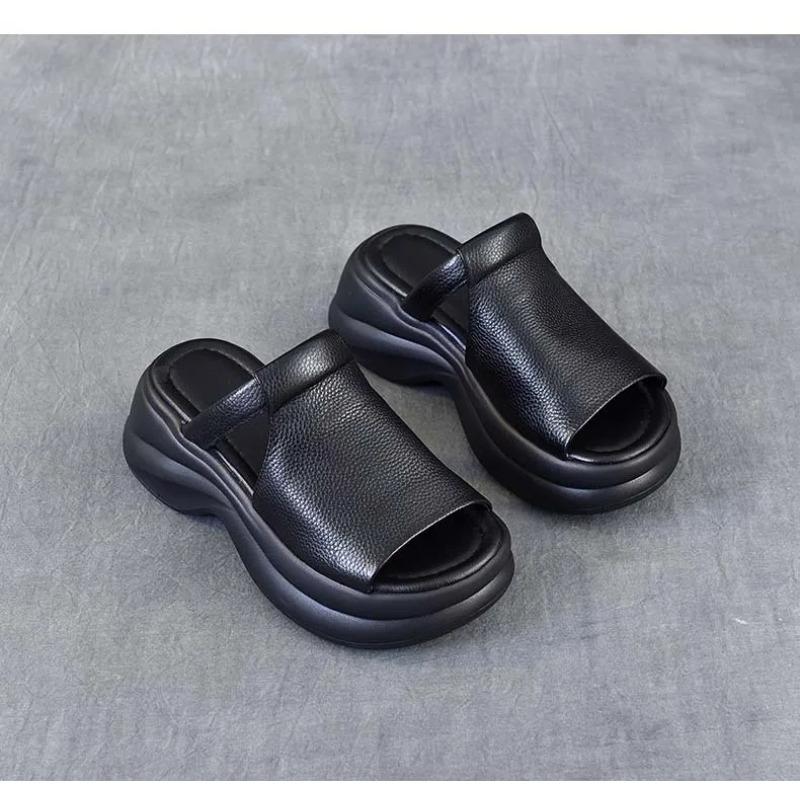 Johnature Genuine Leather Retro Thick Soled Peep Toe Outdoor Slippers Versatile Women's Slip-on Shoes
