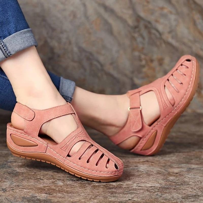 Woman Solid Color Vintage Wedge Sandals Ladies Platform Hollow Out Buckle Shoes Footwear