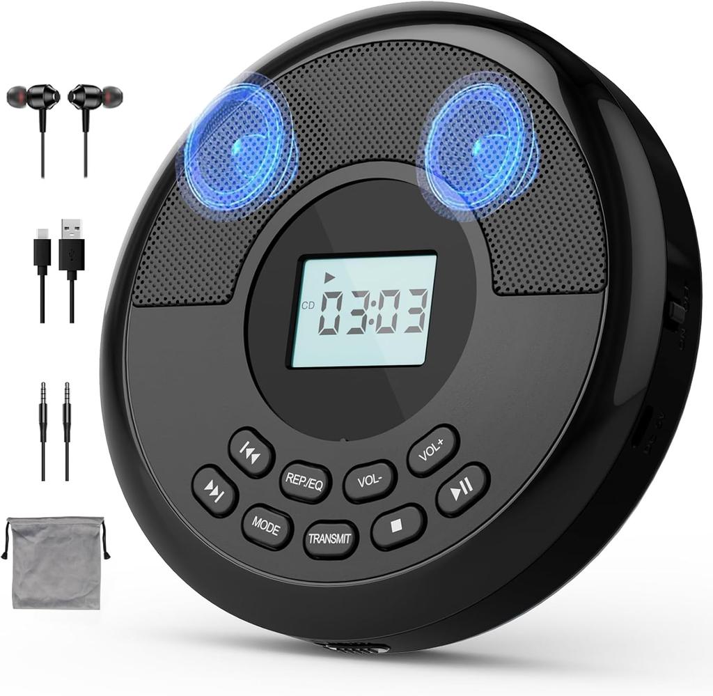 Portable CD Player with Speakers and Bluetooth: Rechargeable Discman with Headphones, Anti-Skip Protection-CD/MP3/USB/BT Transmit/AUX