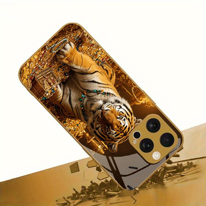 Gold Tiger Pattern Electroplated Glass Phone Case Suitable for iPhone 17 16 15 14 13 12 11 Pro/Max/Plus Shockproof Back Cover