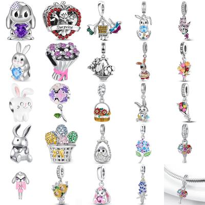 925 Silver Easter Bracelet DIY with Rabbit Bead Flower Basket Charm for Women Fashion Jewelry