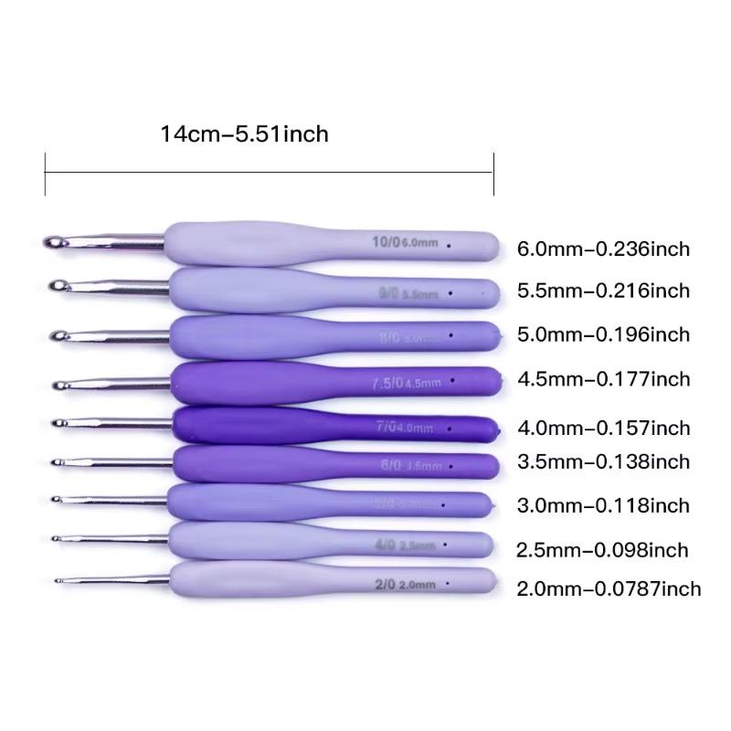 

9PCS Set 2.0-6.0mm Purple Gradient Soft Grip Crochet Hook Ergonomic Silicone Non-Slip Handle for Yarn Knitting Hook Needle