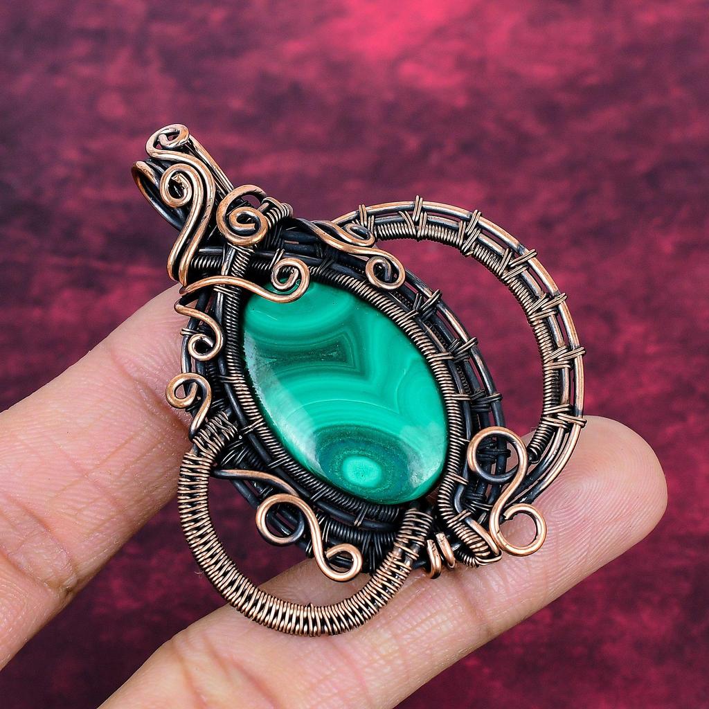 Malachite Gemstone Pendant Copper Wire Wrapped Pendant Designer Jewelry for mom
