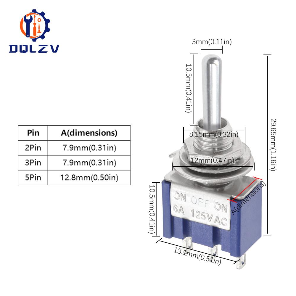 Miniature Lever Toggle Switch Single Pole Double Throw ON-OFF-ON /ON-ON 120VAC 6A 1/4 Inch Mounting MTS-102 103 202 203