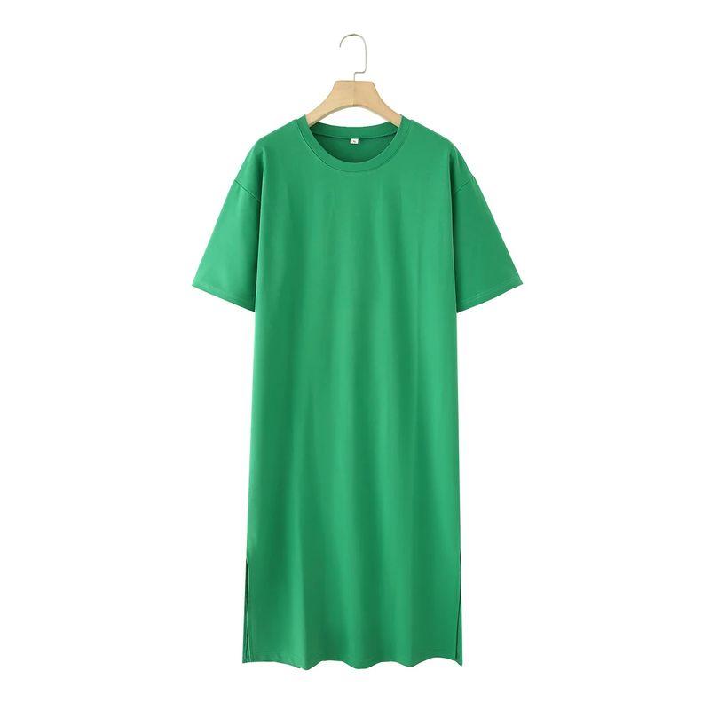 Summer New Product Women's Clothes Round Neck Short Sleeve Slit Design Cotton Long A- Line T-shirt Dress 4174465