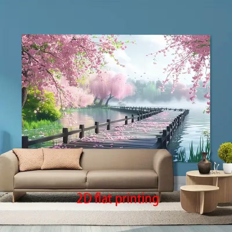 2D Cherry Blossom Wooden Bridge Lake Tapestry Wall Hanging 47.2x31.5inch/120*80cm