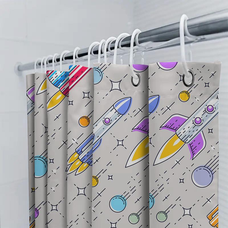 Space-themed Shower Curtain with Rockets Modern Bathroom Decor for Kids' Room or Nursery!