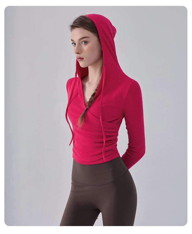Women's Hooded Slim-Fit V-Neck Yoga Suit - Autumn & Winter Long-Sleeved Fitness Top for Running & Pilates