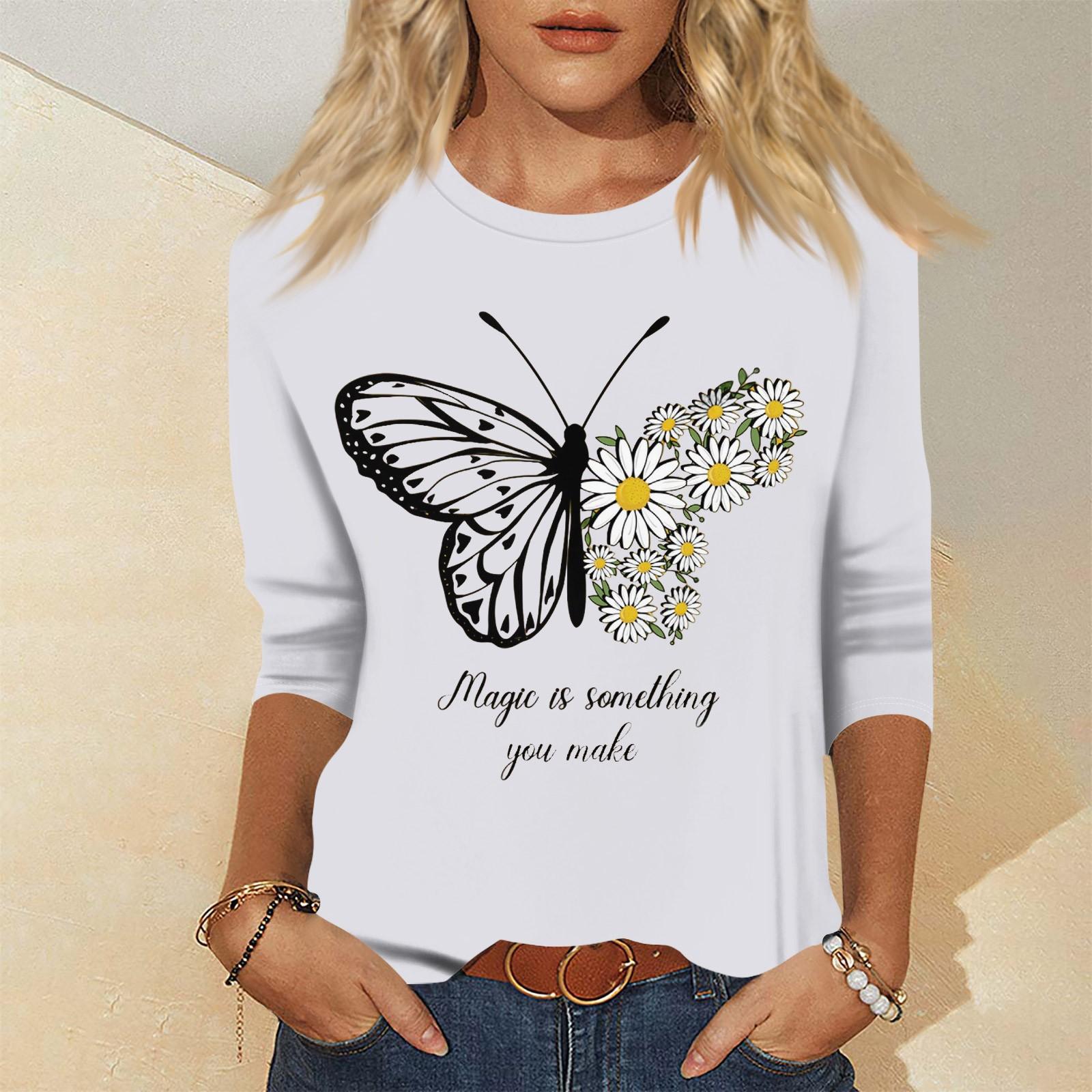 

Женская мода повседневный пуловер с рукавом три четверти и цветочным принтом XL белый