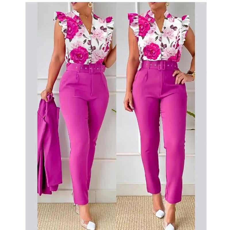 Conjunto de duas peças feminino elegante, moda, estampado, mangas bufantes, top, calças de cor sólida, conjunto com cinto, blusas, roupas femininas