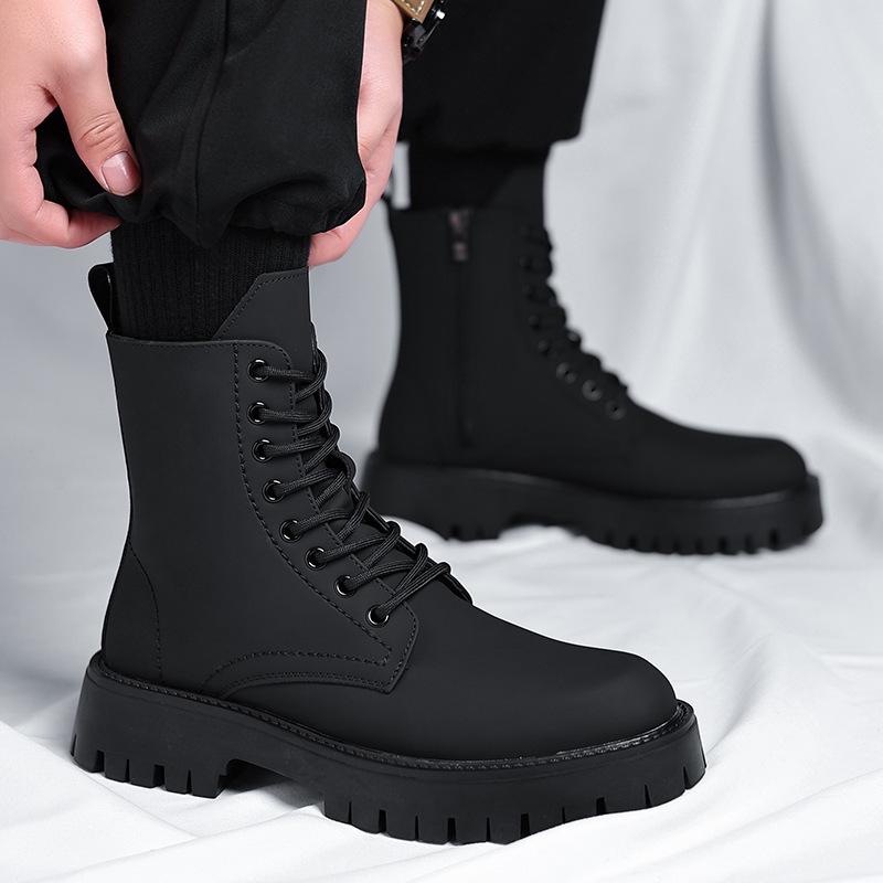 Men's High-Top Leather Martin Boots - British Style, Thick Sole, Velvet Lining, Winter Warmth
