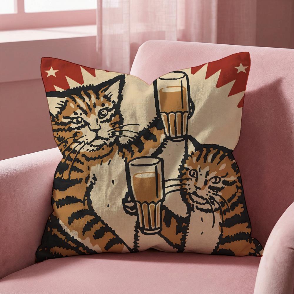Cheers Drunk Cats Cushion Cover Multi-Scene Pillow Cover for Home & Car - Reversible, Soft & Durable for Daily Use