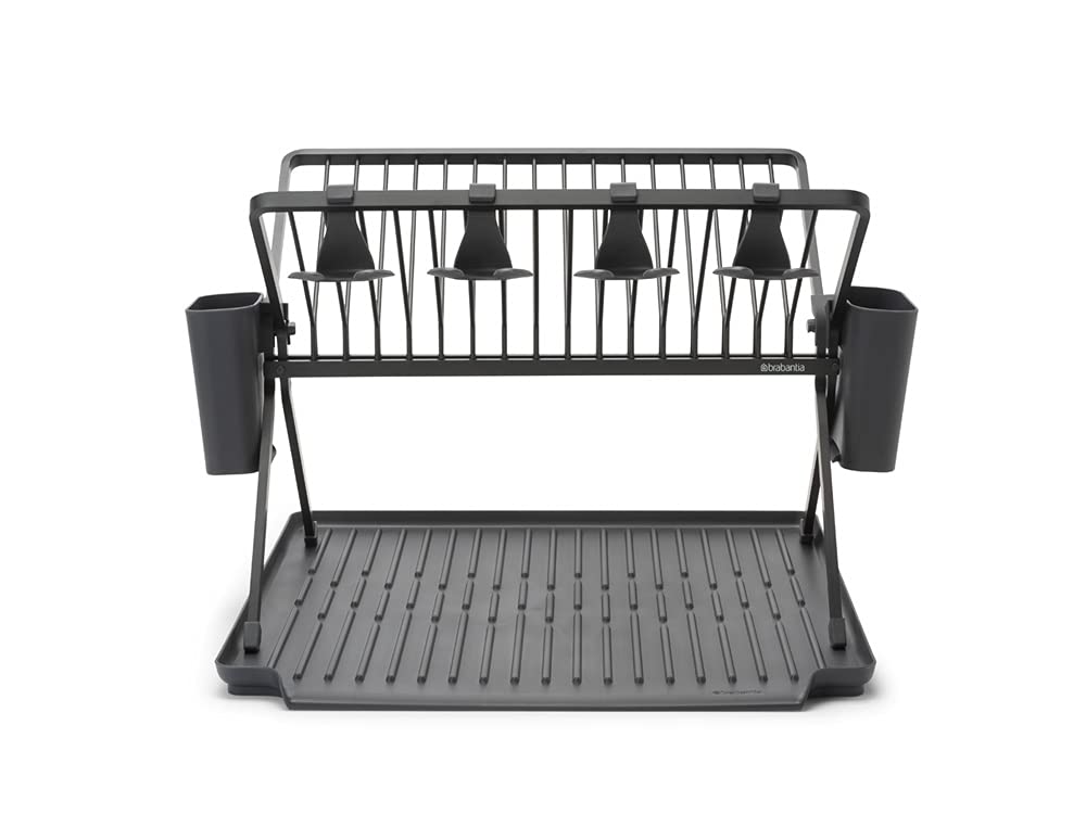 Brabantia Foldable Dish Drying Rack Large Dish Drainer with Cutlery Tray and Glass Hooks Dark Grey 139482 Width 51 X Depth 42 X Height Cm Size 31.5