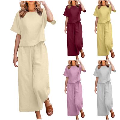 Women's Casual Long And Short Sleeve Pullover Shirt Crewneck Artistic Retro Solid Color Casual Suit