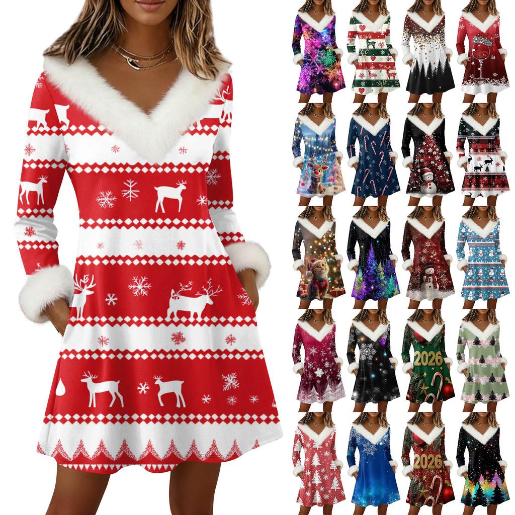 Dámské šaty s dlouhým rukávem, pulovrové, ležérní, s výstřihem do V, ke kolenům, s kapsami