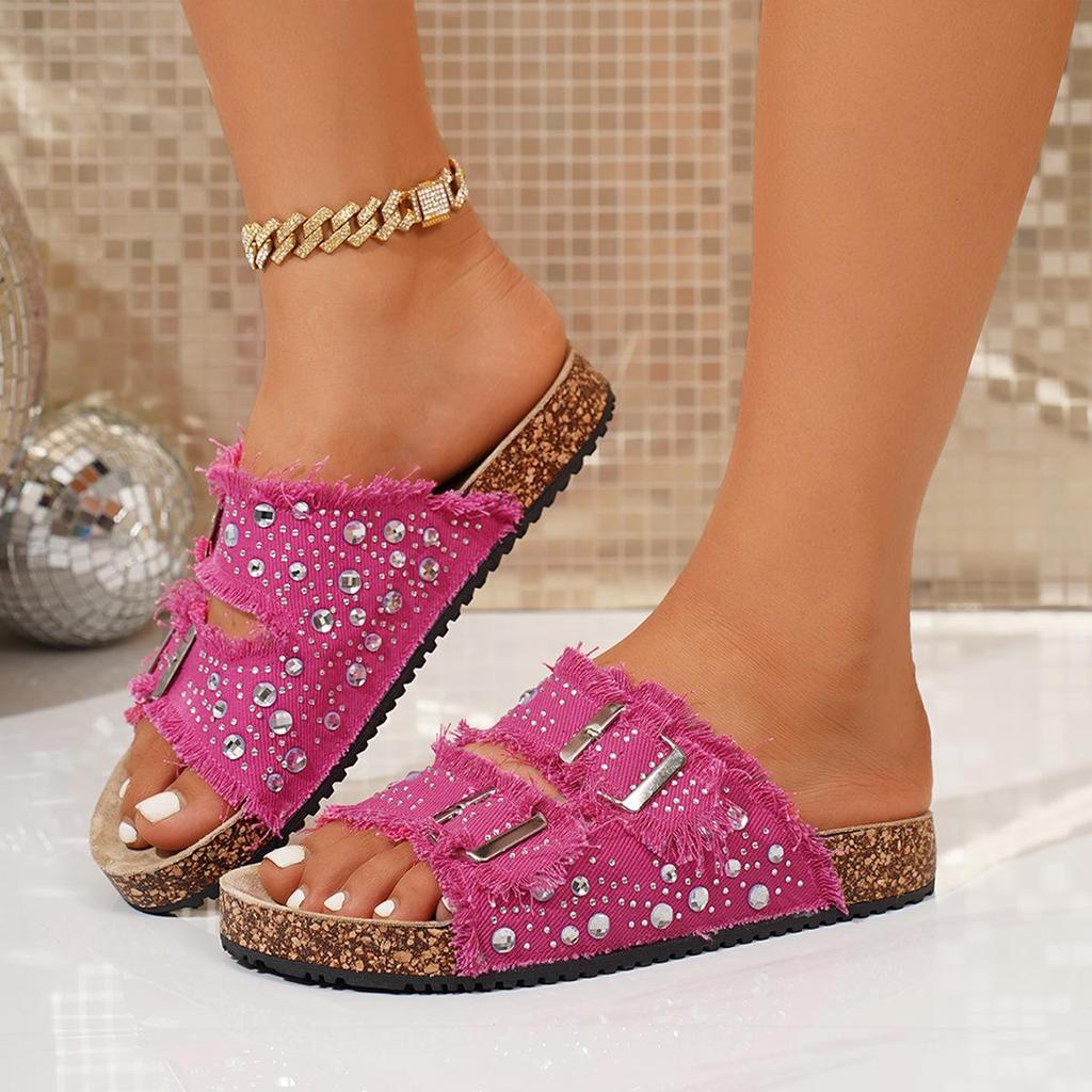 2025 Stylish Women's Rhinestone Flat Sandals - Trendy Cork Beach Design