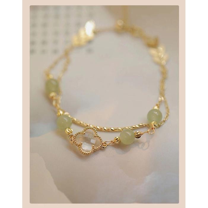 New Hetian Jade Four-Leaf Clover Bracelet for Women, Double-Layered, Versatile for Everyday Wear, Exquisite Double-Layered Jewelry, Perfect Gift for Four-leaf clover double-l