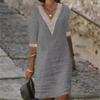Women's Solid Color Lace Edge Mid Sleeve Cotton Linen Casual Dress