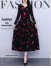 Spring & Fall V-Neck A-Line Dress for Middle-aged Women: Mid-length, Printed, Waist-cinching, Wide Hem