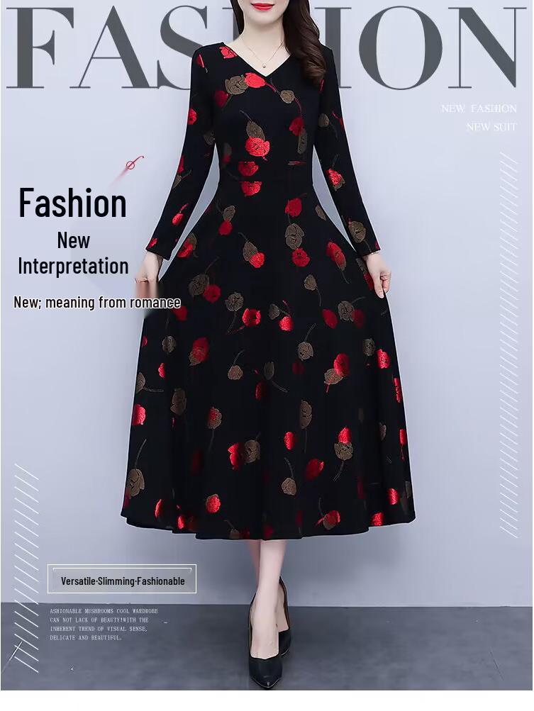 Spring & Fall V-Neck A-Line Dress for Middle-aged Women: Mid-length, Printed, Waist-cinching, Wide Hem