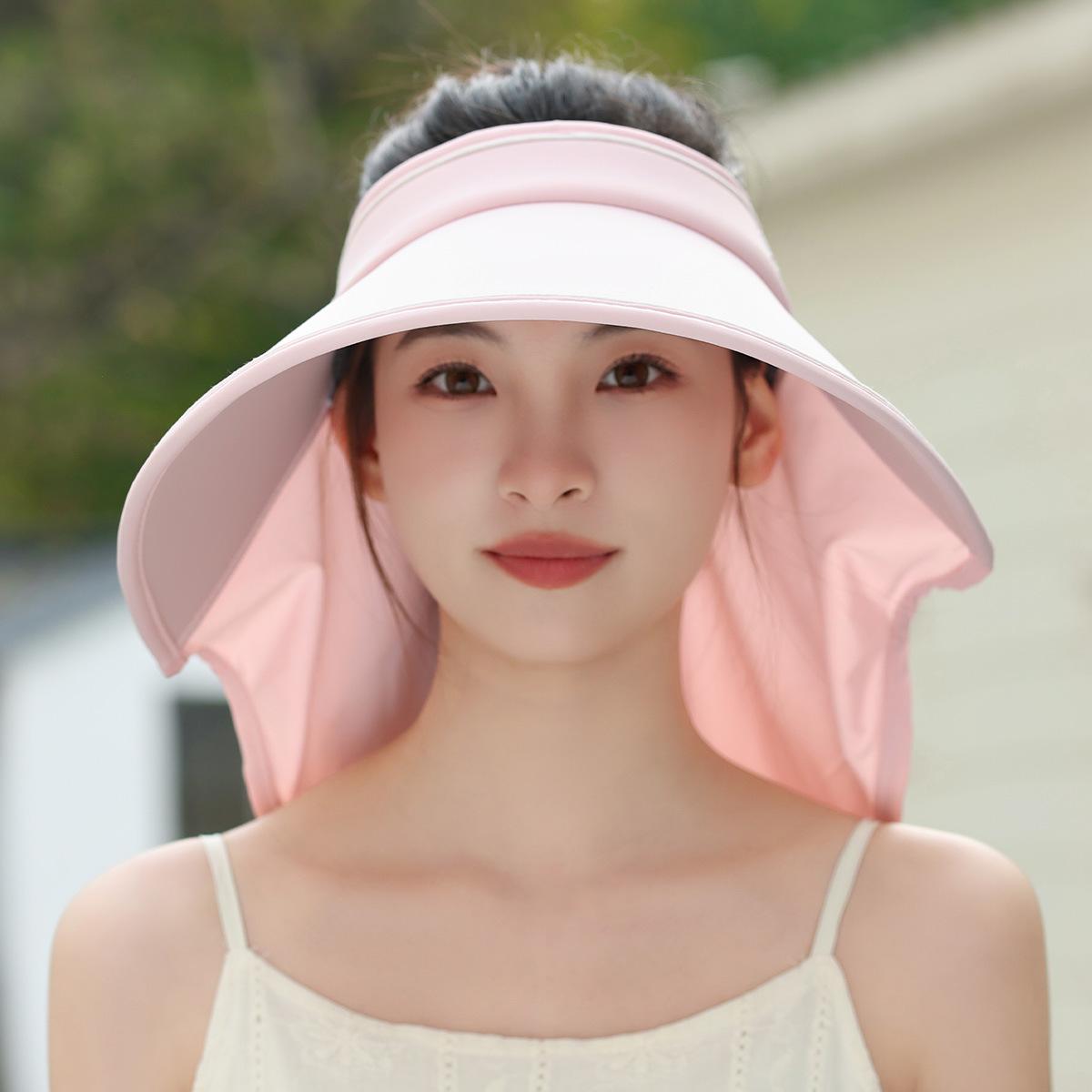 

New face covering sunscreen cap, multi-functional shawl, large brim, outdoor UV protection empty top hat, neck protection sun hat adjustable рожевий