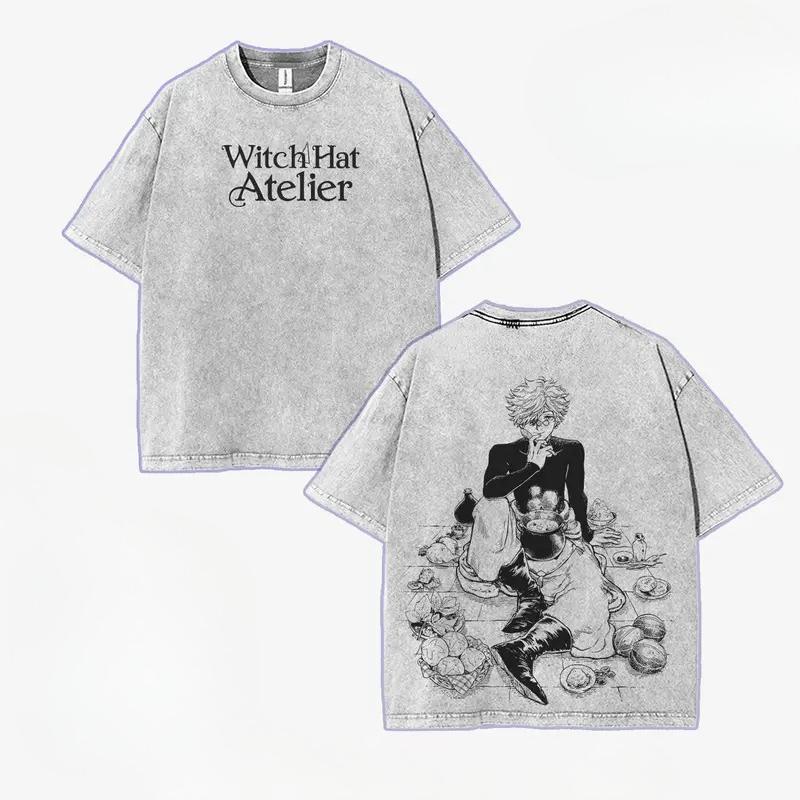 Qifrey Witch Hat Atelier Graphic T Shirt Men Women Casual Cotton Tshirts Vintage Washed Tee Harajuku Unisex Oversized T-shirt S серый