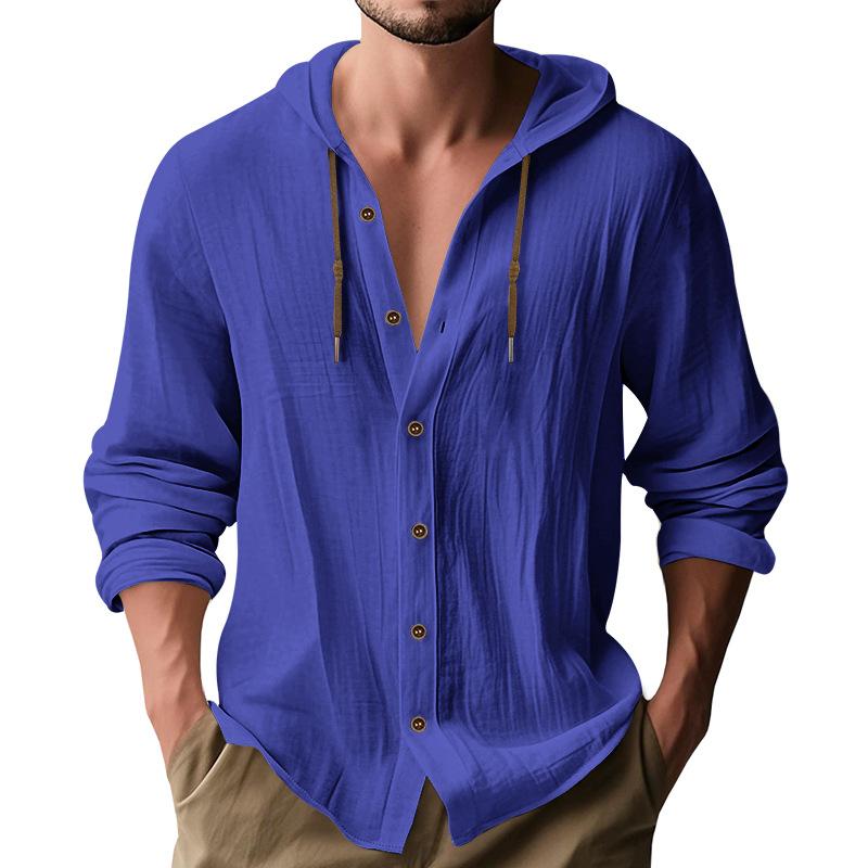 Men's Linen Blend Hooded Button Down Shirt Casual Long Sleeve