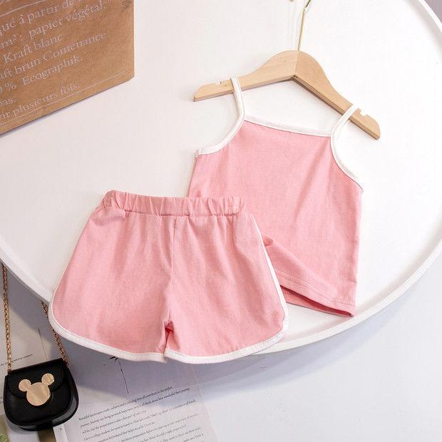 Costum cu bretele de vară pentru fete Pantaloni scurți cu mânecă scurtă Vestă subțire pentru copii Îmbrăcăminte pentru copii Comerț cu ridicata în două piese Set de pantaloni scurți cu bretele