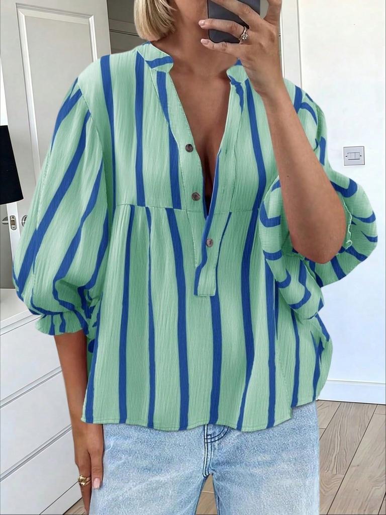 Womens Summer Striped Puff Sleeve Babydoll Blouse V Neck Loose Fit Top