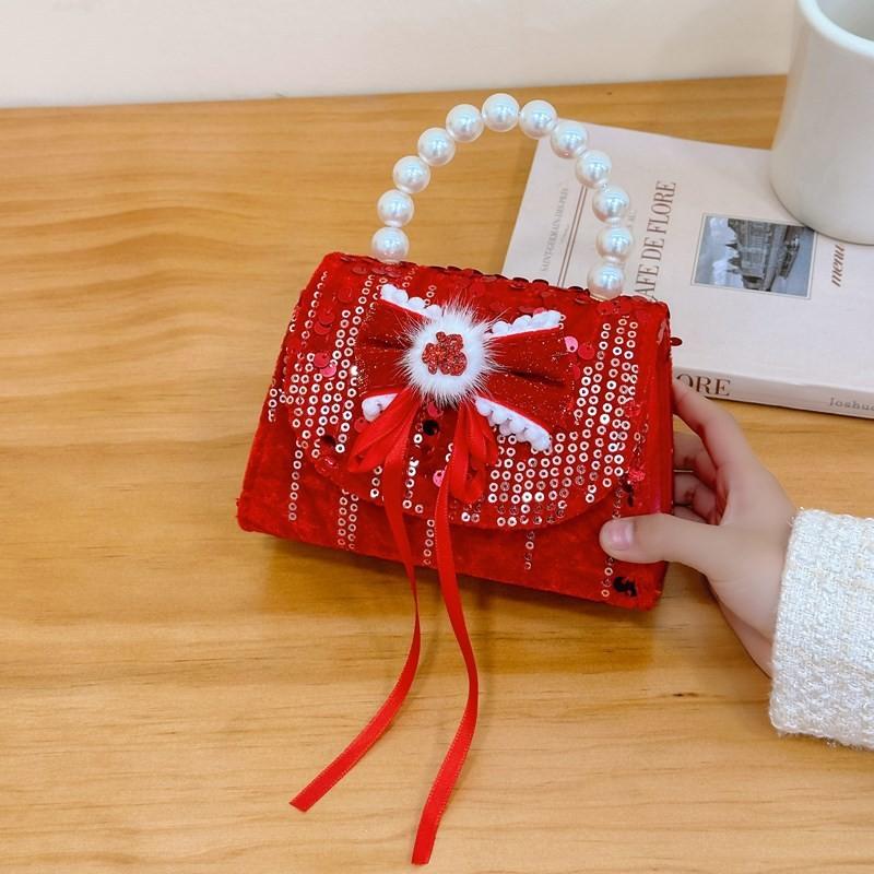 Red Fashionable Lightweight Childrens Bag With Playful Bow And Pearl Detail Girls For