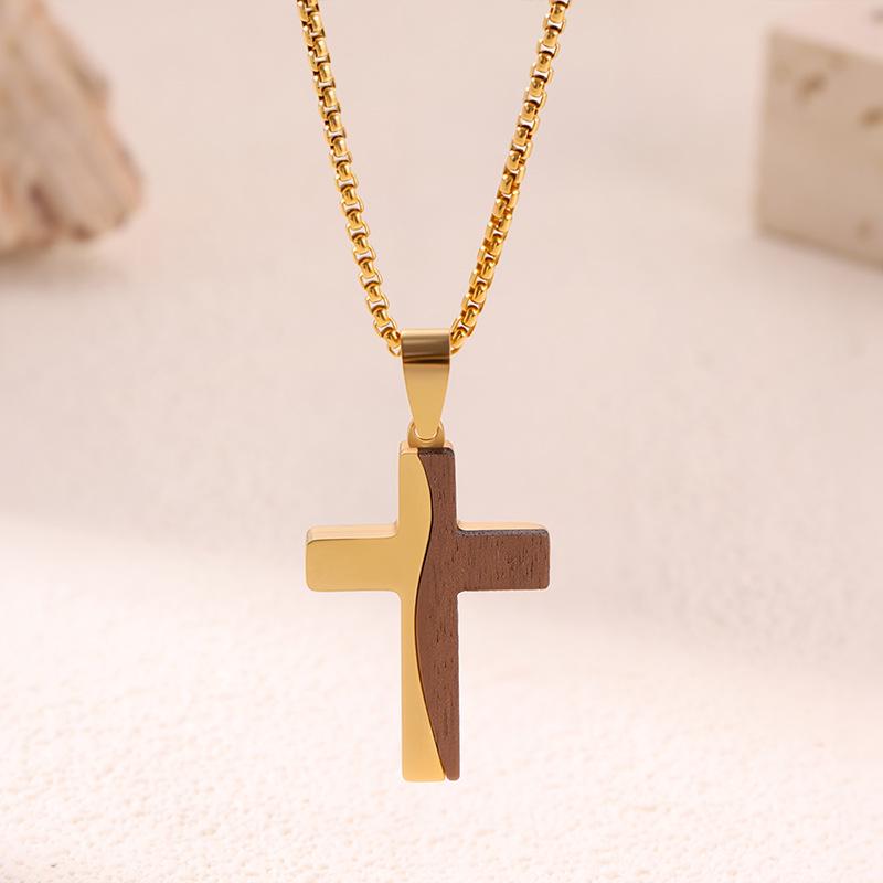 Bestselling Men's Two-Tone Wooden Cross Titanium Steel Dog Tag Necklace