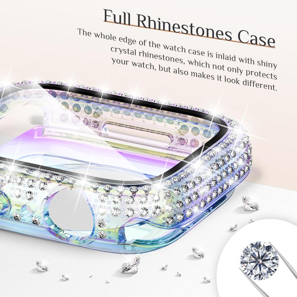 Glass+Bling Cover For Apple Watch Case 44 45mm 41mm 40mm 42mm 44 mm Diamond bumper+Screen Protector iwatch series10 9 8 7 5 6 SE
